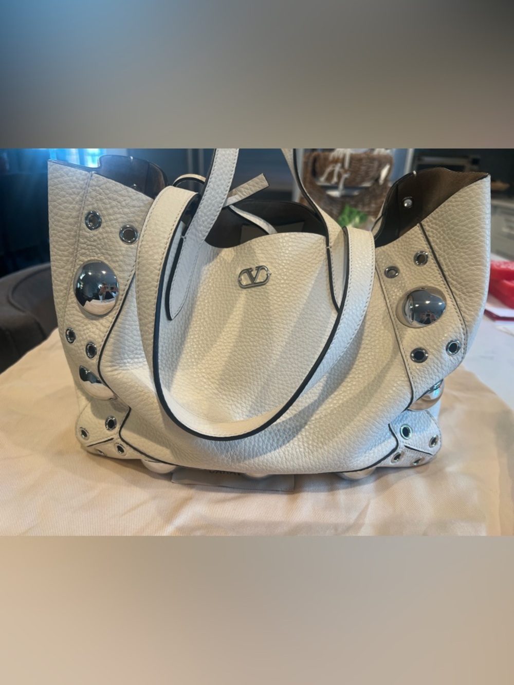 NEW NWT - Valentino Garavani Cream Textured Leather Tote with Silver Logo
